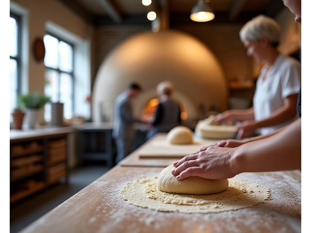 Vue d'ensemble de l'atelier de boulangerie Blé Sauvage avec des boulangers au travail et des fours traditionnels.