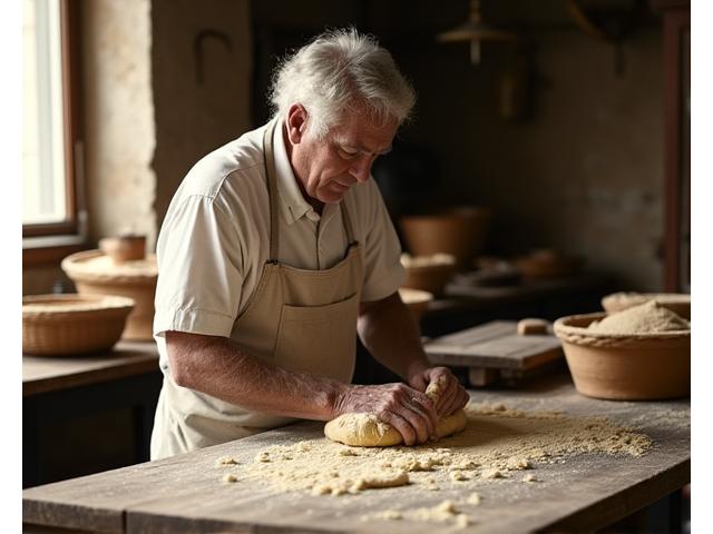 Photo ancienne de la boulangerie familiale Blé Sauvage, avec l'arrière-grand-père de Pierre Rousseau au travail.