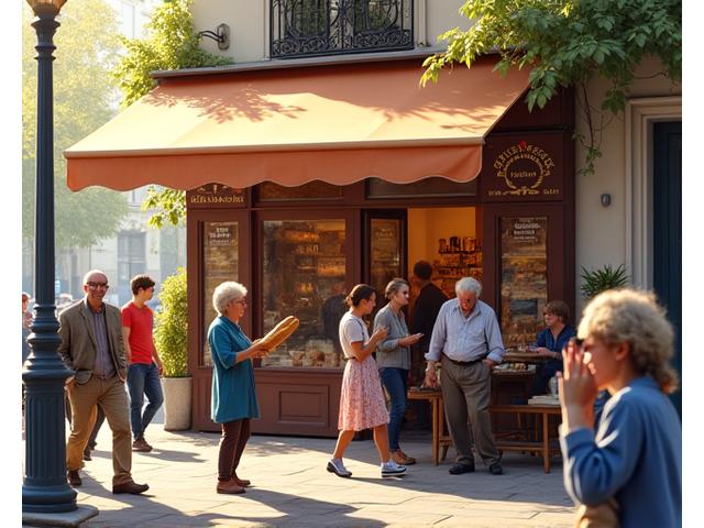 Scène de vie animée devant la boulangerie Blé Sauvage dans le 14e arrondissement de Paris, avec des clients interagissant et une ambiance chaleureuse.
