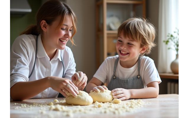 Enfant souriant façonnant de la pâte avec un adulte