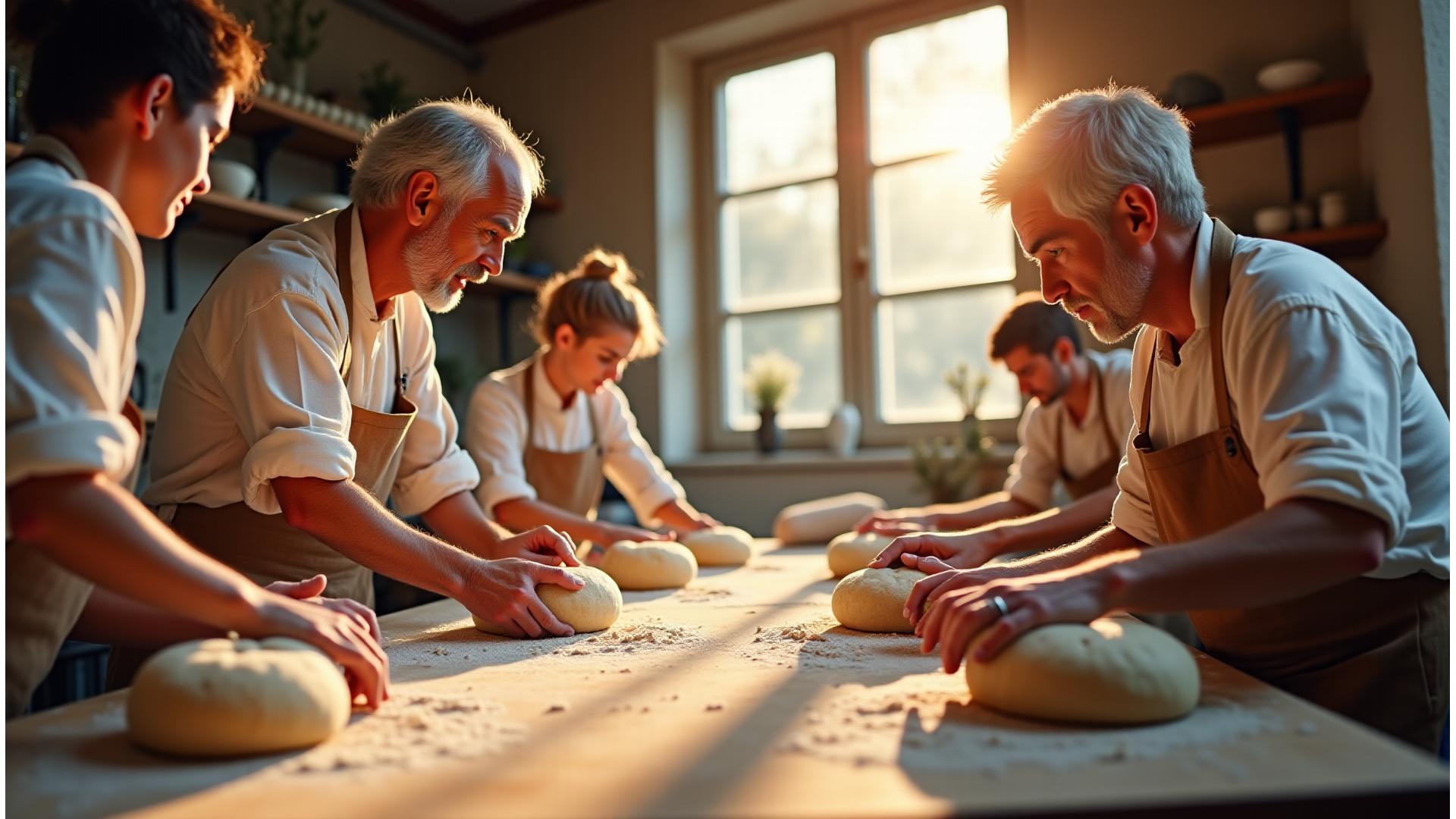 Participants concentrés en atelier de boulangerie, maître boulanger les guidant