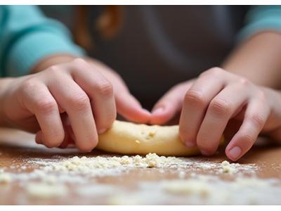 Mains d'adultes et d'enfants pétrissant de la pâte ensemble