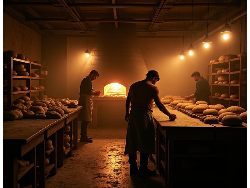 Boulangers travaillant de nuit dans un atelier traditionnel, avec la lumière chaude des fours et des paniers de pâte.