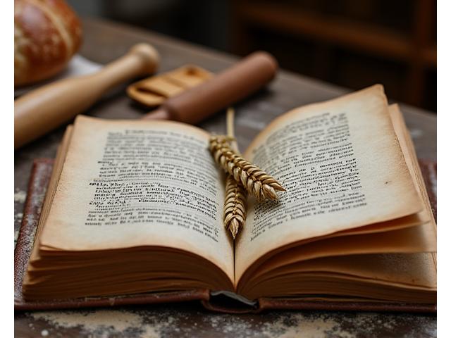 Livre ancien sur l'histoire de la boulangerie française, avec des épis de blé et des outils de boulanger artisanaux.
