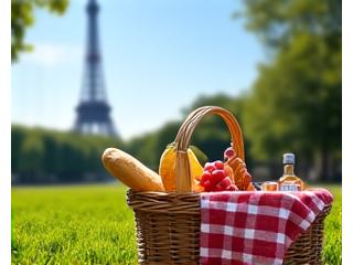 Panier de pique-nique élégant avec baguette, fromages et fruits frais, devant la Tour Eiffel par un après-midi ensoleillé.