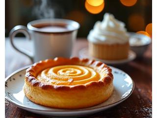 Galette des rois dorée et croustillante sur une table de bois rustique, avec une tasse de chocolat chaud fumant.