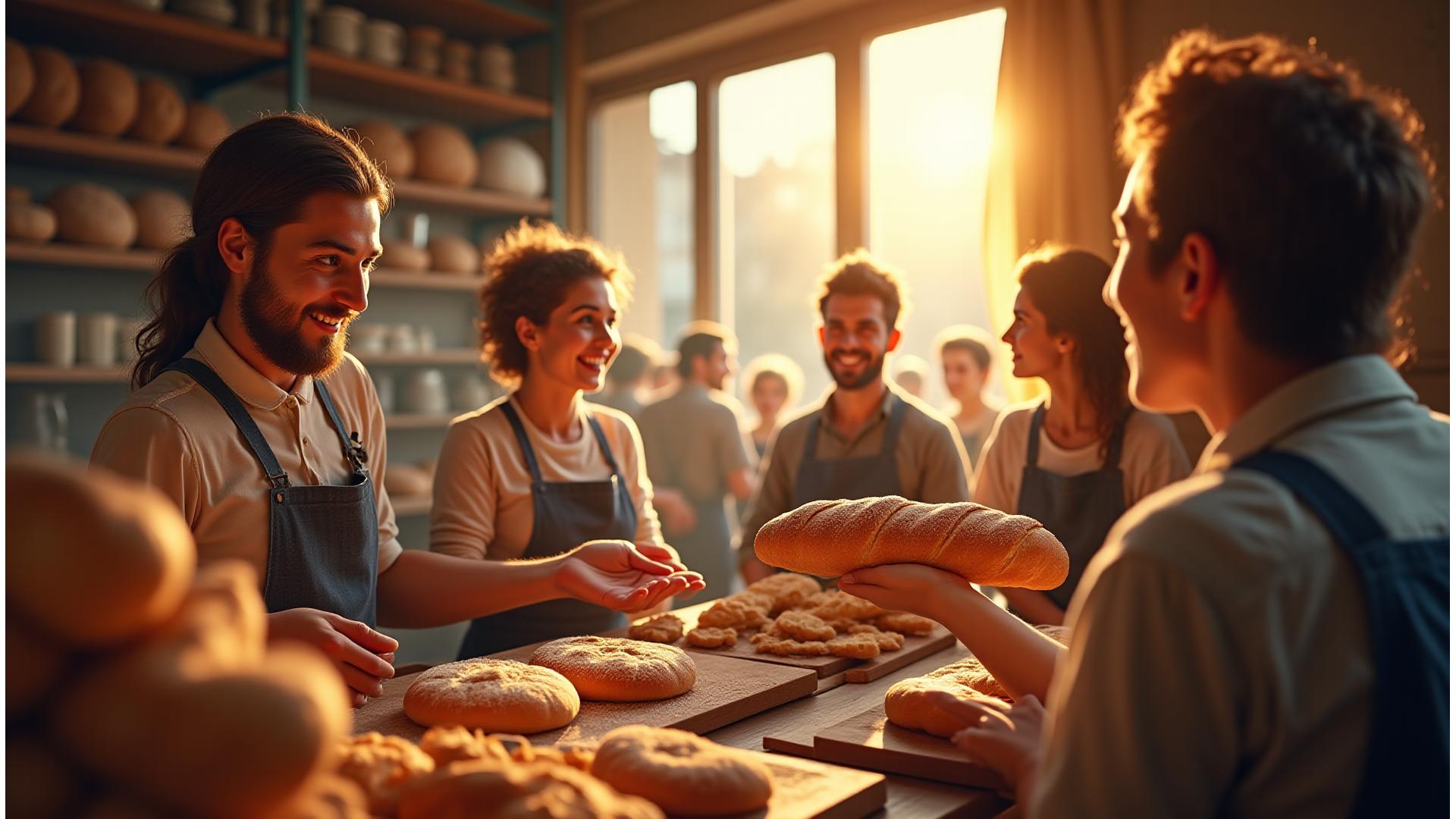 Un boulanger souriant présentant une baguette dorée à des touristes émerveillés dans une boulangerie parisienne chaleureuse, le tout baigné dans une lumière douce de fin de journée.
