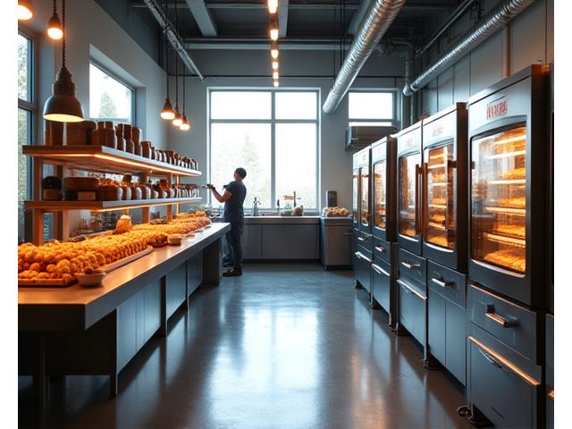 Intérieur lumineux de la boulangerie Blé Sauvage avec fours modernes et panneaux solaires sur le toit.