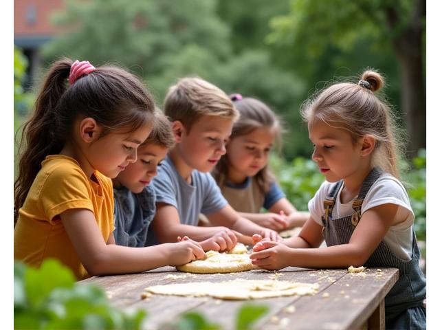 Enfants souriants participant à un atelier de boulangerie Blé Sauvage dans un jardin partagé de Paris 14e.
