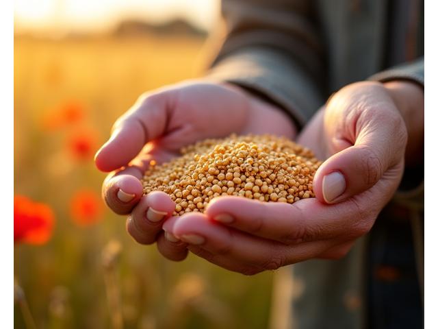 Mains d'un agriculteur tenant des grains de blé, champ en arrière-plan avec des coquelicots.