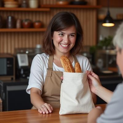 Client utilisant un sac en tissu réutilisable pour acheter une baguette chez Blé Sauvage.