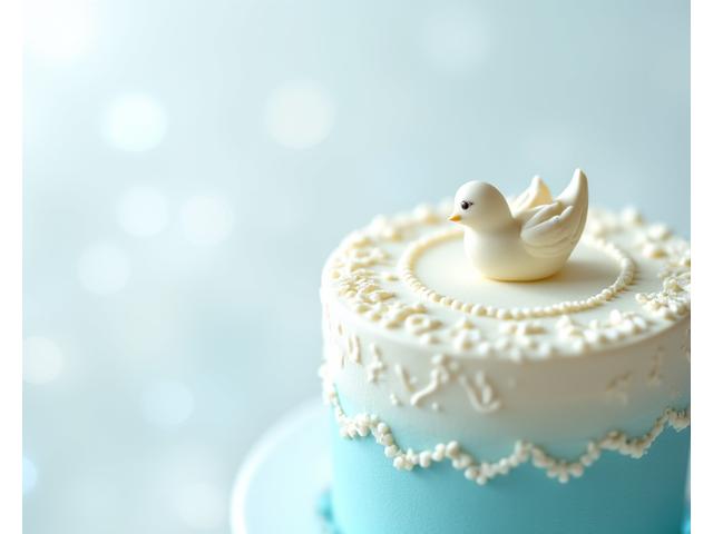 Delicate baptism cake with pastel blue and white elements and a subtle cross design