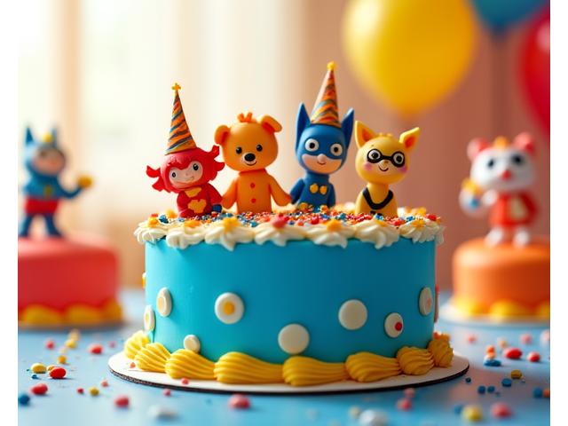 Playful birthday cake with vibrant colors and custom character decorations