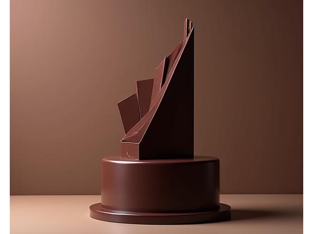 Architectural chocolate sculpture acting as a cake topper, with glossy finish