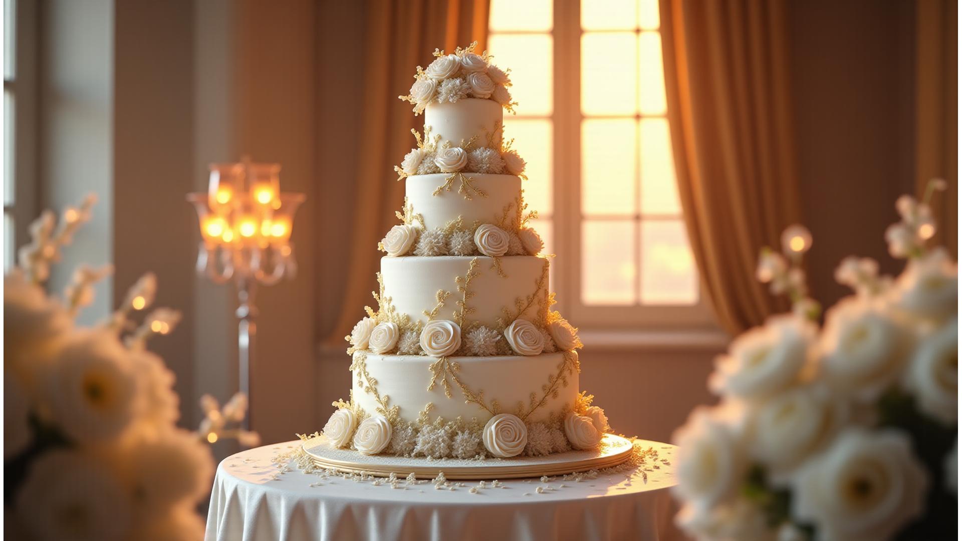 Spectacular wedding cake with delicate sugar flowers on a grand table setting
