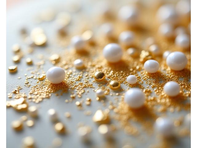 Close-up of a cake embellished with edible gold leaf flakes and white pearls