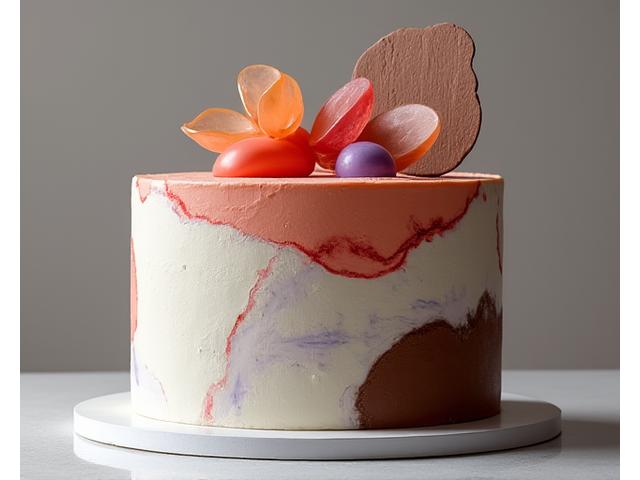 A modern abstract cake combining various textures: smooth fondant, sculpted chocolate, and edible painting