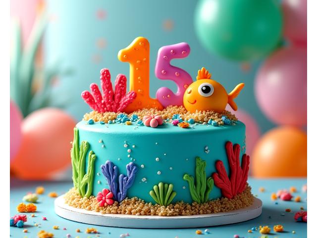 Vibrant 'under the sea' themed birthday cake with edible coral and fish decorations for a child's party