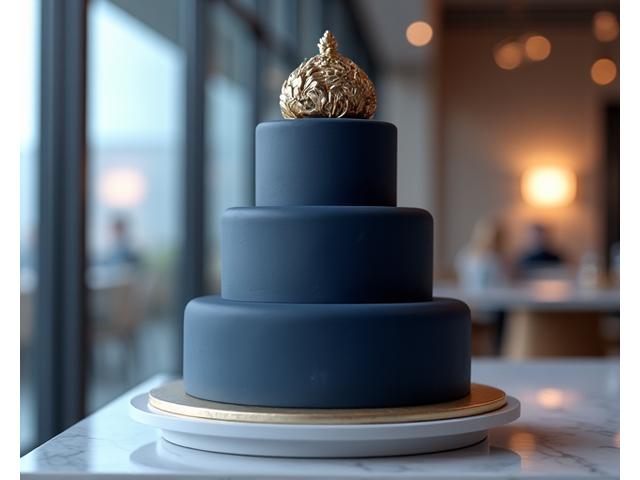 Three-tier corporate celebration cake with edible company logo and elegant blue and silver theme