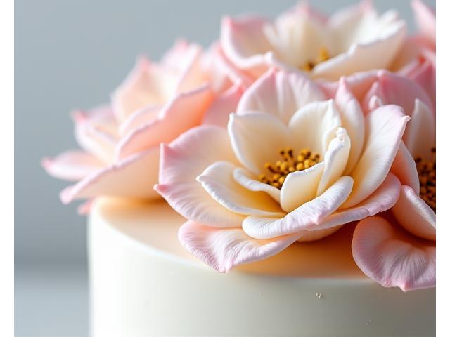 Close-up of intricate sugar paste flowers on a cake, showing fine details
