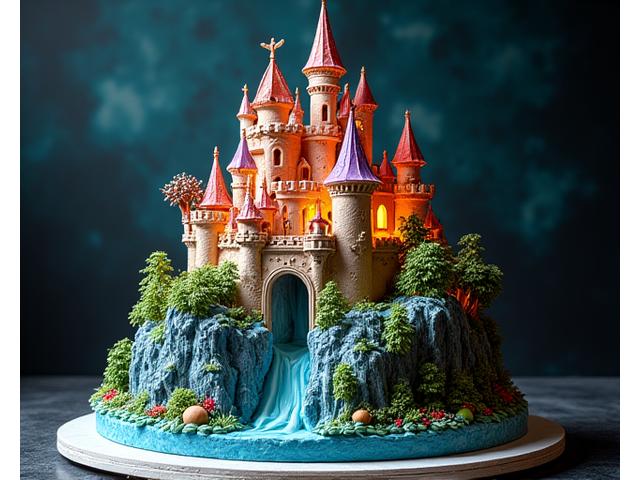 Fantasy-themed cake shaped like a medieval castle with intricate fondant details