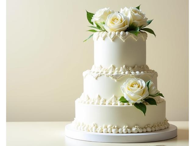 Elegant multi-tiered wedding cake with delicate white frosting and fresh flowers