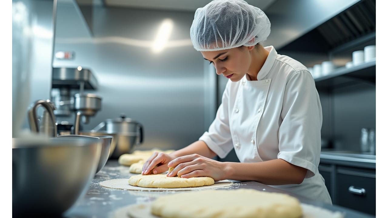 Boulanger en tenue Stérile dans un atelier de boulangerie propre et moderne