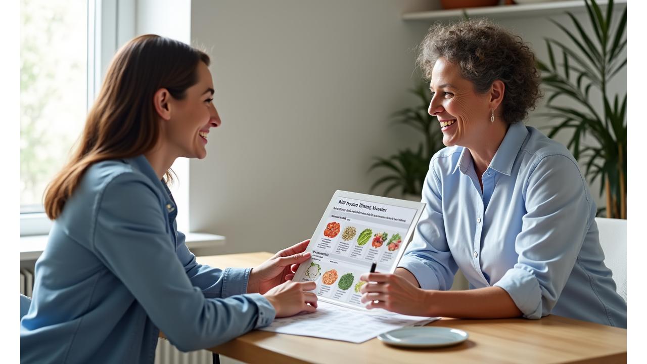Diététicien expliquant un graphique nutritionnel à un client souriant