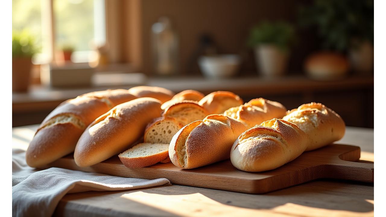 Assortiment de pains sans gluten dorés et croustillants, coupés en tranches, sur une planche en bois
