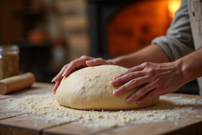Boulanger façonnant la pâte à pain avec soin dans un atelier artisanal