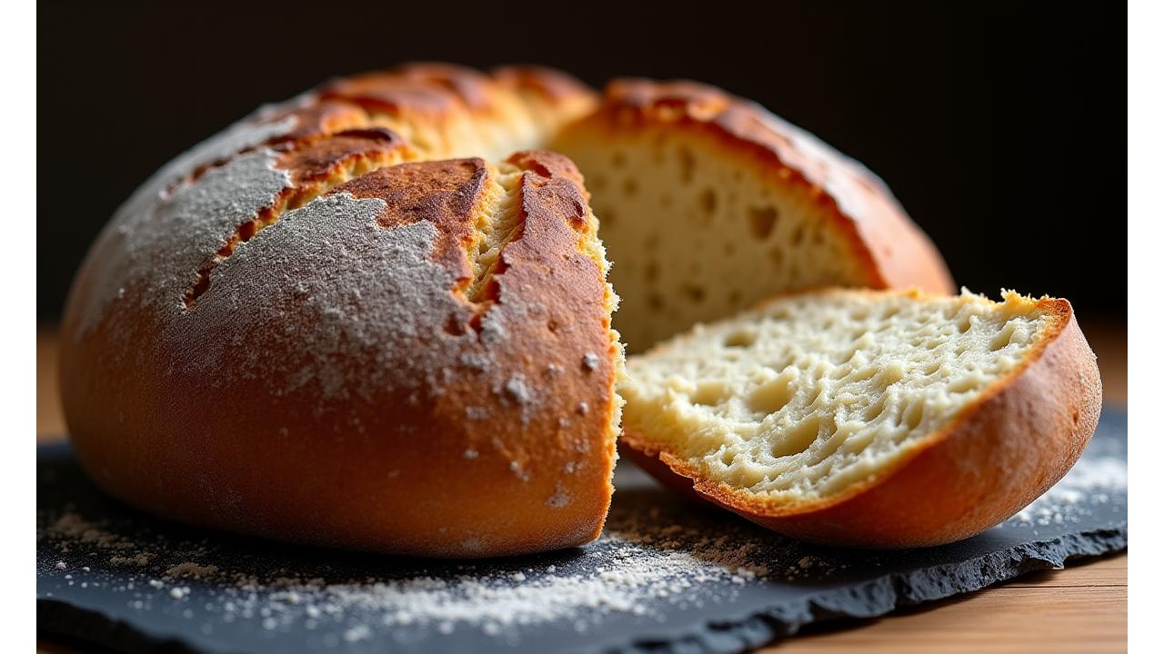 Gros plan sur un pain au levain rond, coupé, révélant une mie moelleuse