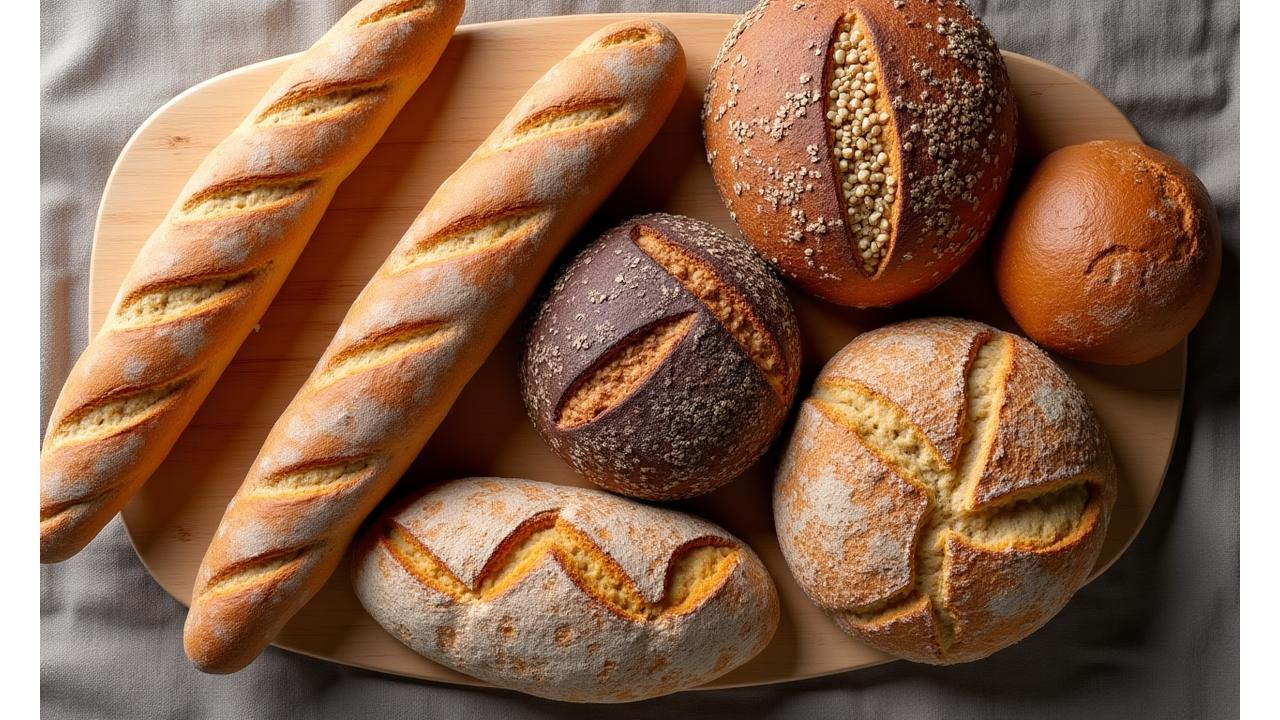 Assortiment de pains artisanaux sur une planche en bois