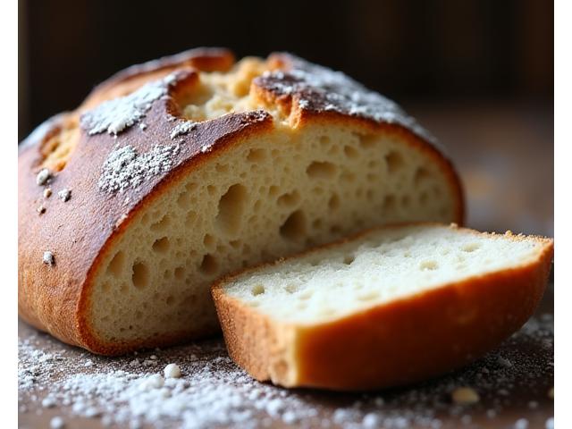 Photo d'un pain au levain coupé, avec une mie dense et des alvéoles