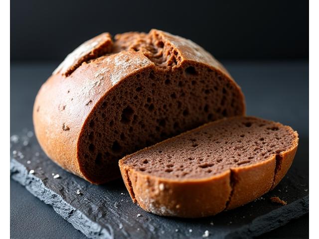 Photo d'un pain de seigle foncé, coupé, avec une texture dense