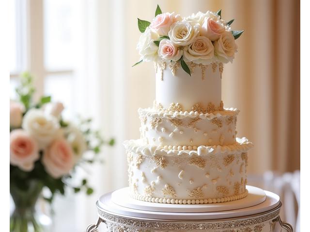 Un magnifique gâteau de mariage sur mesure, décoré de fleurs fraîches et de dorures délicates, dans un cadre élégant.