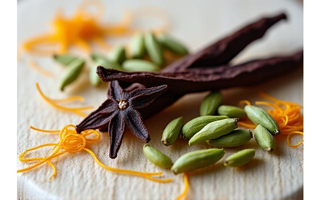 Gousses de vanille Bourbon de Madagascar et autres épices rares comme la cardamome et le safran, sur un plan de travail en bois.