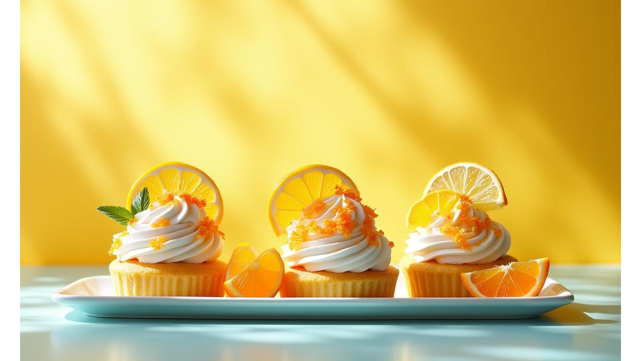 Pâtisseries d'été : créations rafraîchissantes aux agrumes et sorbets artisanaux, sous un rayon de soleil chaleureux. Des couleurs vives et un aspect très frais.