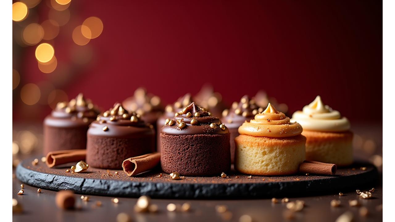 Pâtisseries d'hiver : chocolats riches, desserts épicés et créations festives de Noël, avec des touches dorées et festive. Ambiance cozy et chaleureuse.
