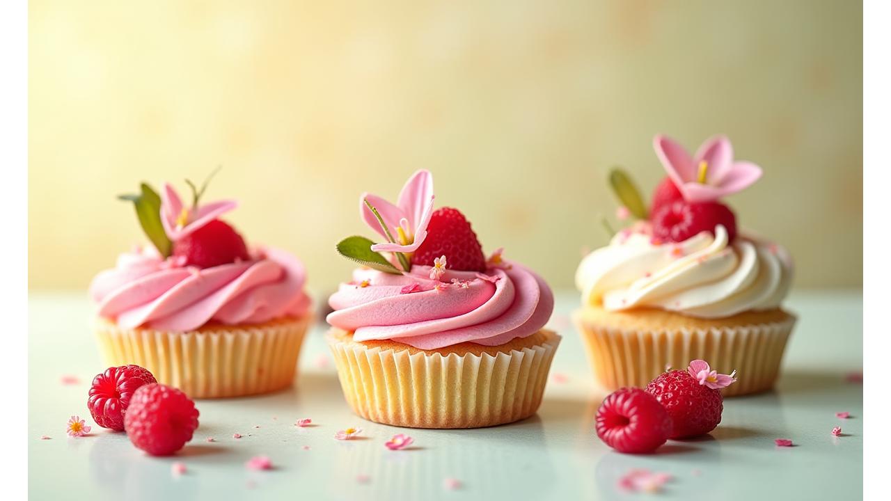 Pâtisseries de printemps : desserts floraux délicats, décorés de fleurs comestibles et baies rouges. Couleurs vives et pâtisseries fines.