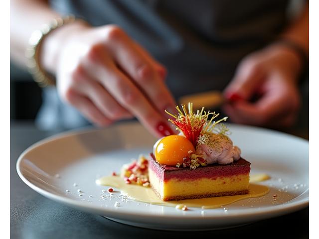 Le Chef pâtissier de Blé Sauvage présentant une création de dessert unique et complexe, avec des décorations élaborées.