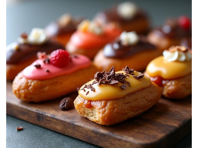 Assortiment d'éclairs revisités : café-caramel, chocolat-passion, vanille-bourbon, élégamment dressés.