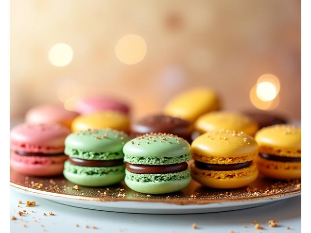 Assortiment de macarons parisiens aux couleurs vives et ganaches créatives, comme pistache, framboise, chocolat et mangue, posés sur un plat festif.
