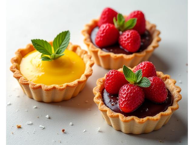 Tartelettes gourmet : Citron-Basilic vivifiant, Fraise-Verveine délicate, et Chocolat-Fleur de Sel intense, présentées sur un plateau en bois.