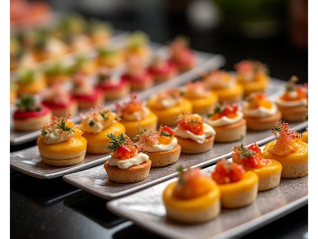 Variété de canapés salés et sucrés disposés élégamment pour un cocktail professionnel