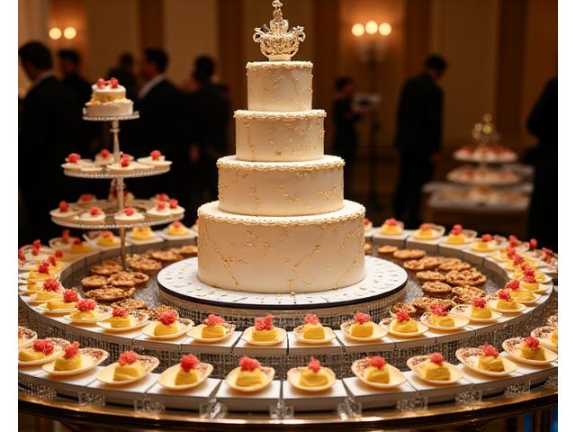 Table de desserts artistiquement présentée avec un gâteau sur mesure et des douceurs variées pour un événement de prestige