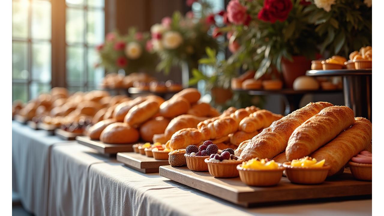 Buffet élégant Blé Sauvage avec pains, viennoiseries et pâtisseries fines pour une réception d'entreprise