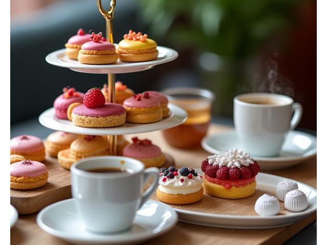 Assortiment de mini-pâtisseries et macarons pour une pause café haut de gamme