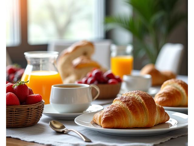 Petit-déjeuner d'affaires avec viennoiseries, cafés et jus d'orange frais