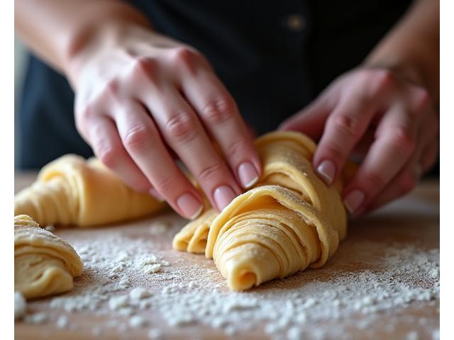 Mains d'un boulanger façonnant une pâte à croissant, en gros plan.