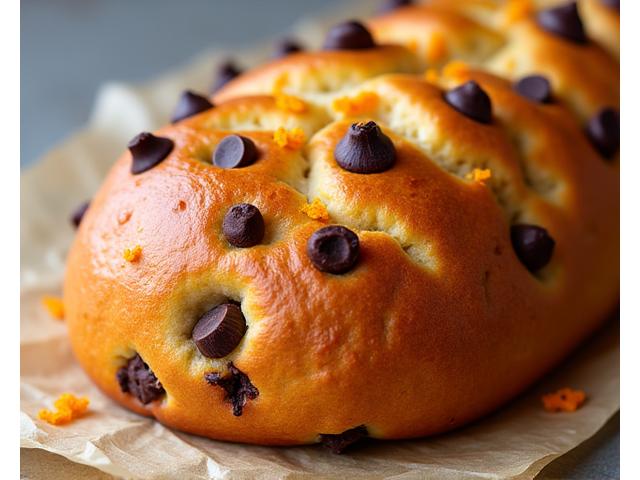Brioche moelleuse garnie de pépites de chocolat et de zestes d'orange confits.